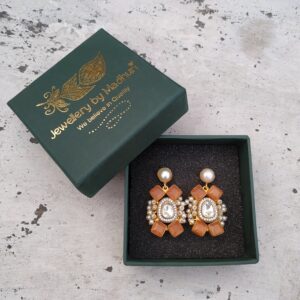Orange Kundan Geometric Pearl Top Danglers